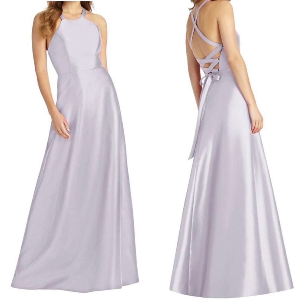 ALFRED SUNG Halter Lace-Up Back Satin Twill Gown In Moondance